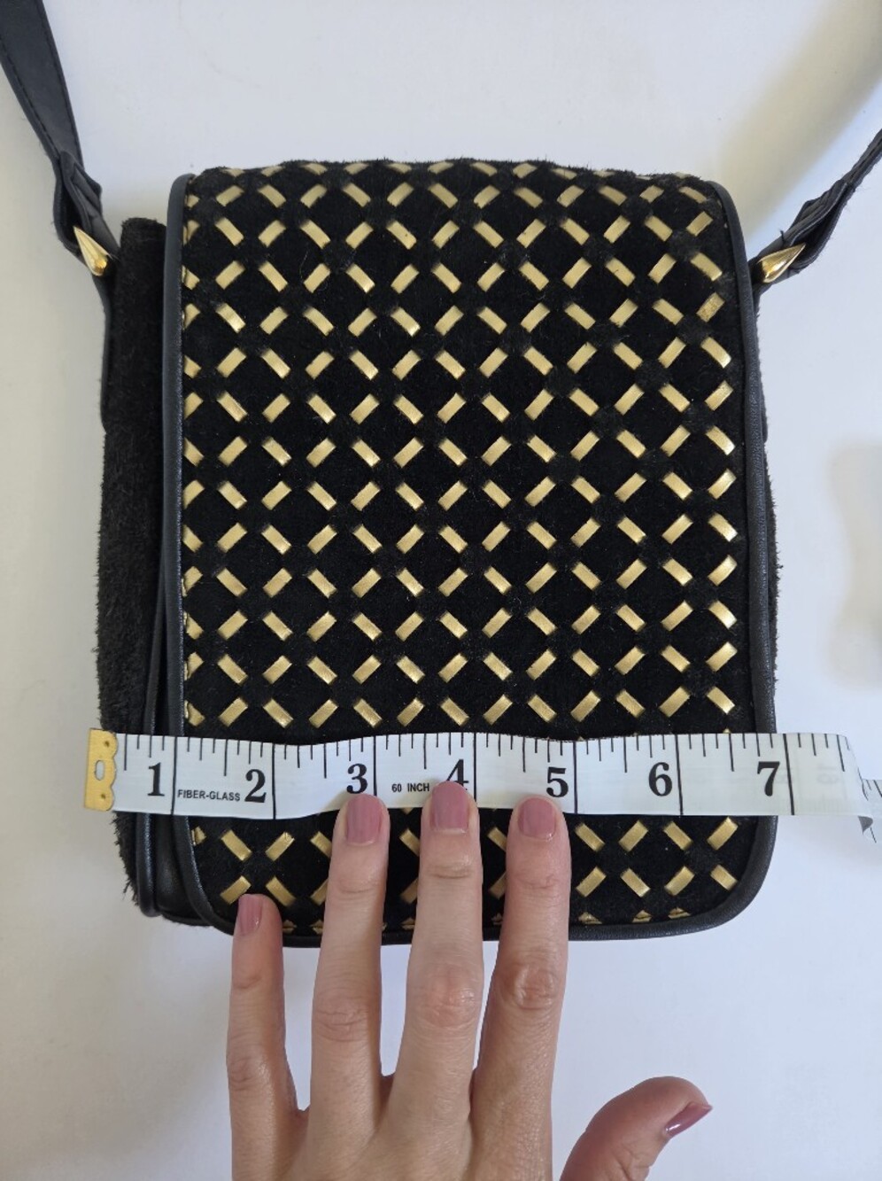 VTG Black suede leather crossbody bag with woven gold accents wallet card slots - Picture 7 of 9